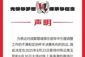 蓉城球迷会抗议：对引援及足协杯失利不满，后2场比赛将就坐观赛